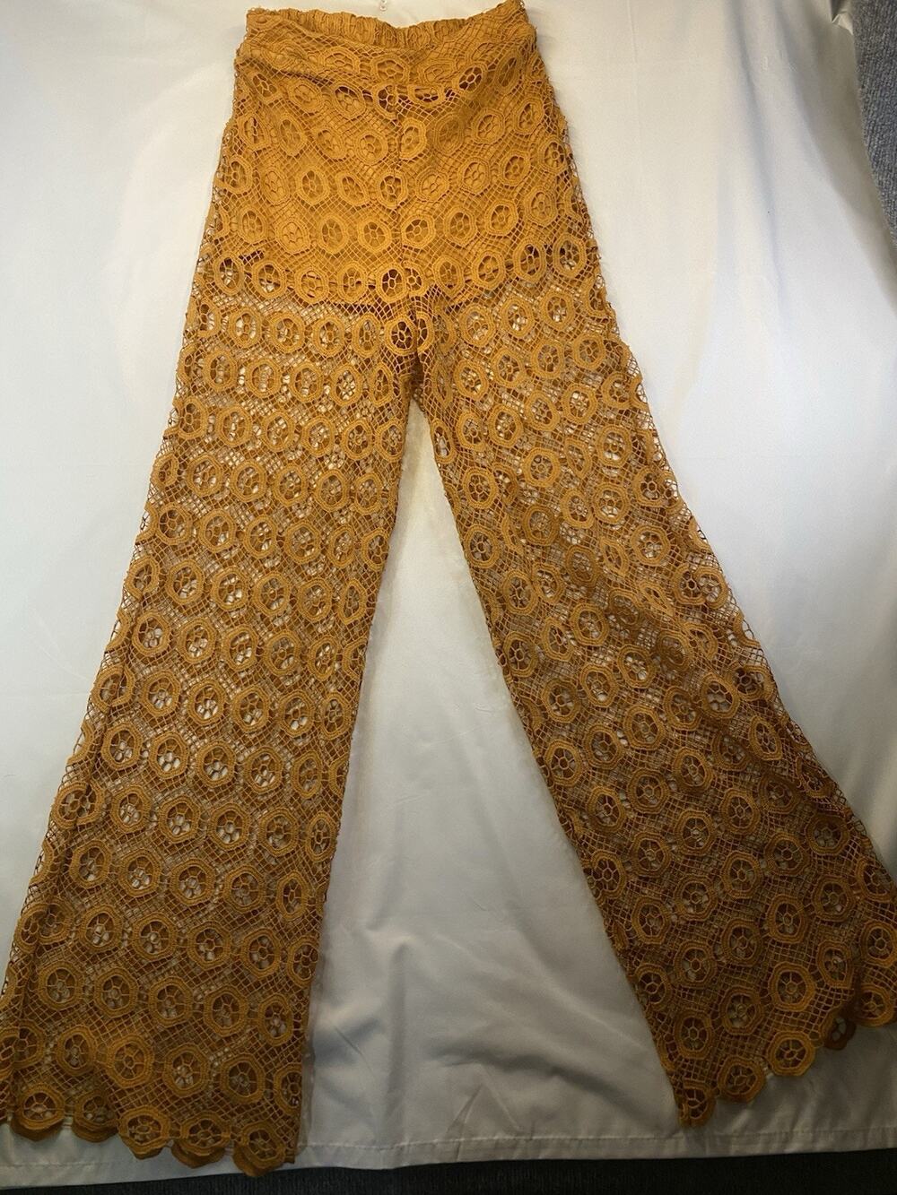 Windsor Women's Brown Crochet Floral Wide-Leg Pants High Rise Lined Sz S